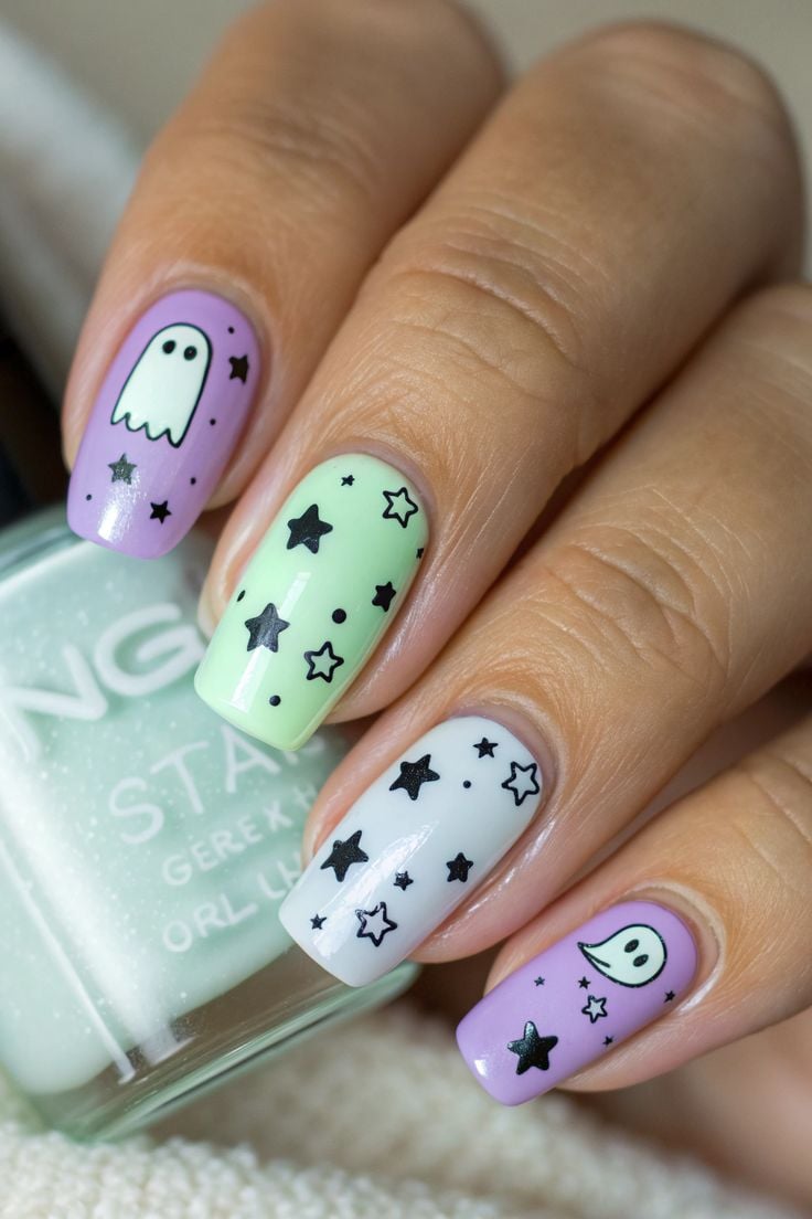 Almond shaped nude and black glossy nails with chic spiderweb and star art.