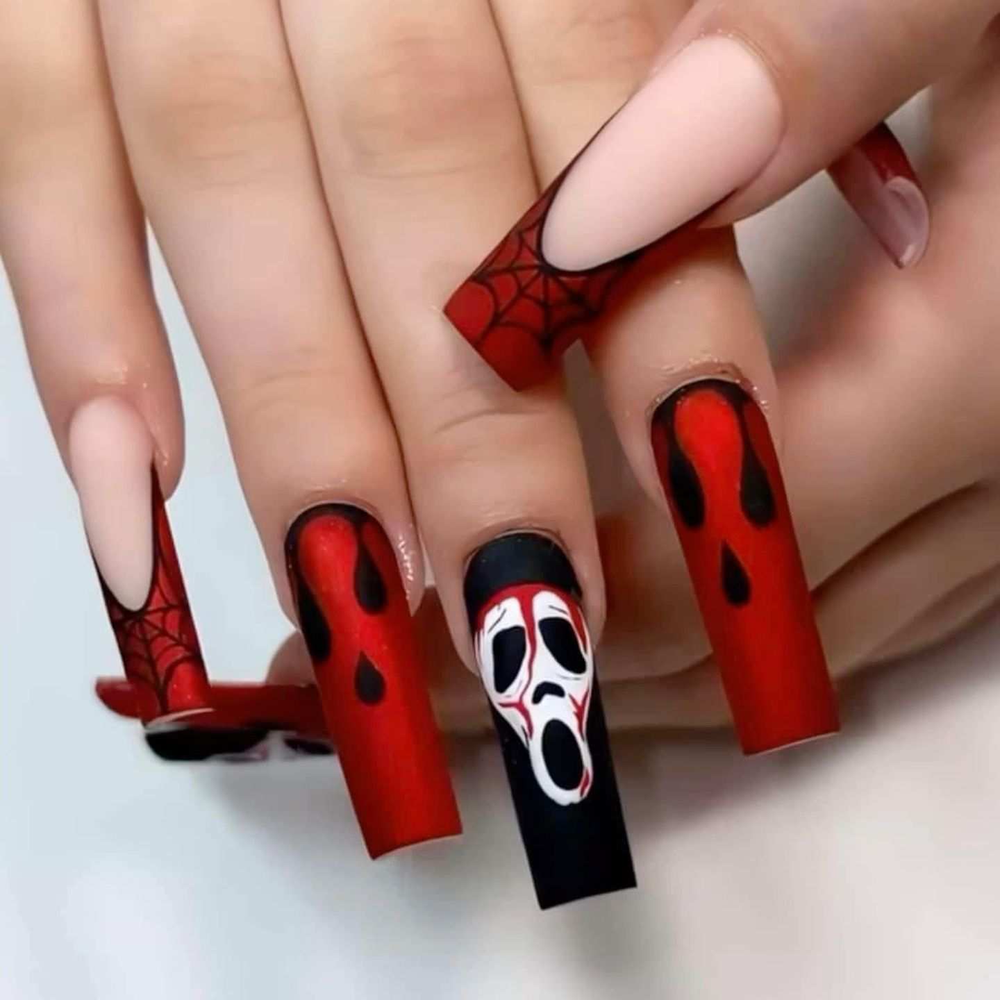 Halloween Nails Long Coffin Matte Red Ghostface