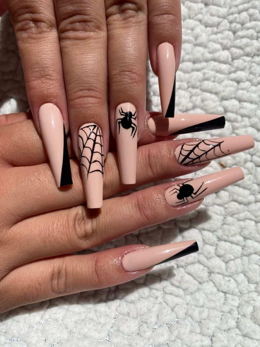 Halloween Nails Long Coffin Nude Black Spiderweb
