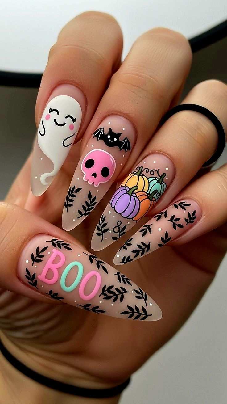 Halloween Nails Long Pastel Ghost Skull Pumpkins