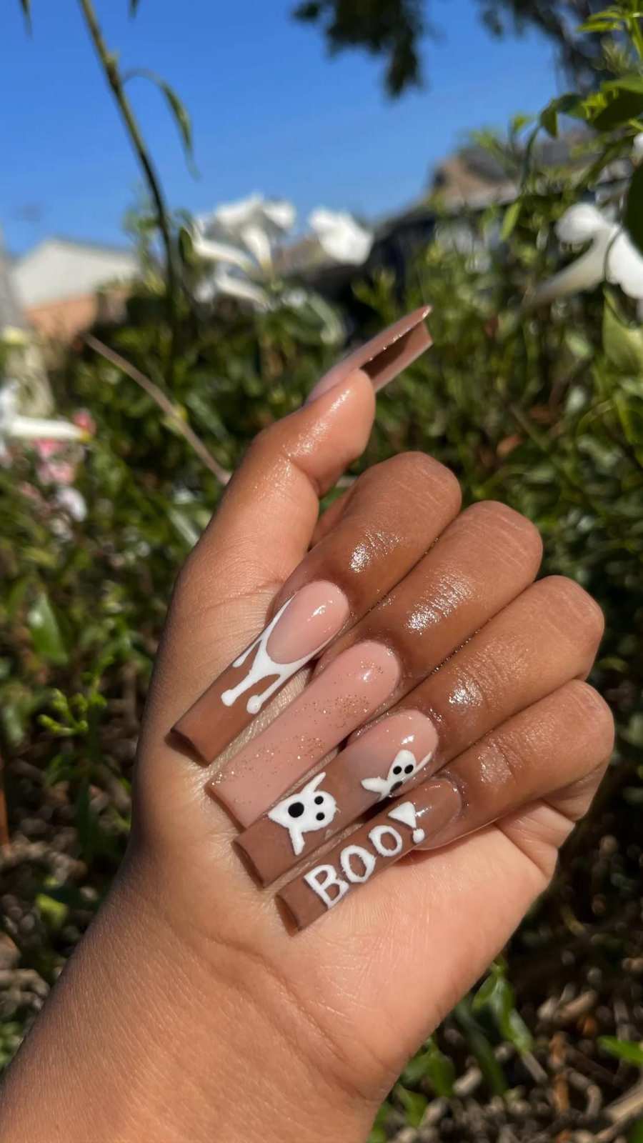 Halloween Nails Long Square Brown Ghost Drips