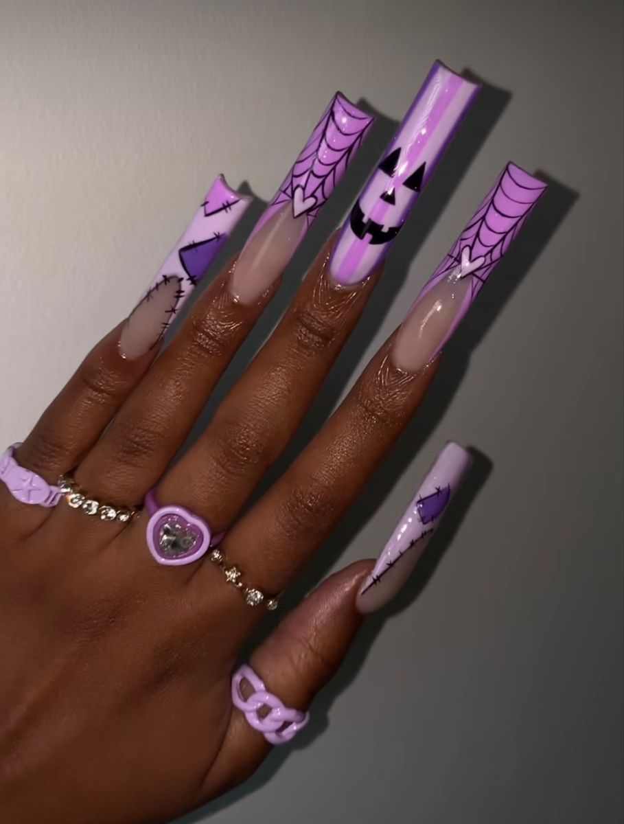 Halloween Nails Long Square Purple Jack Spiderweb