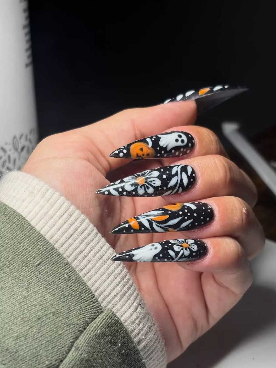 Halloween Nails Long Stiletto Black Ghost Floral