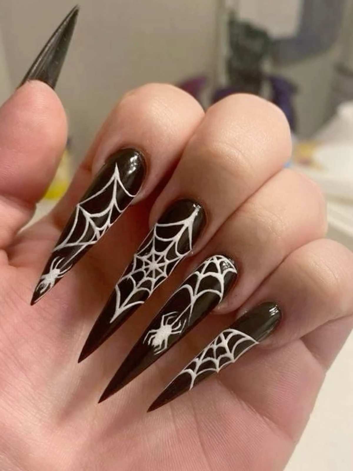Halloween Nails Long Stiletto Black White Spiderweb