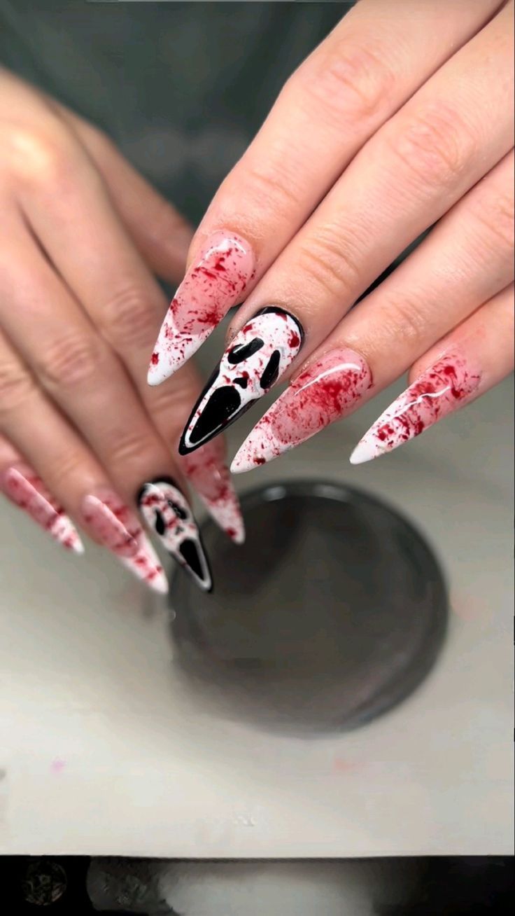 Halloween Nails Long Stiletto Blood Splatter Ghostface
