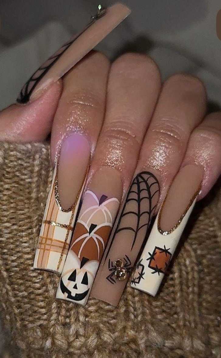 Halloween Nails Long Stiletto Gothic Cross Spiderweb