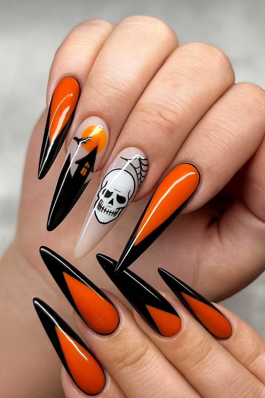 Halloween Nails Long Stiletto Haunted House Skull