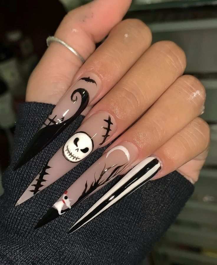 Halloween Nails Long Stiletto Jack Skellington
