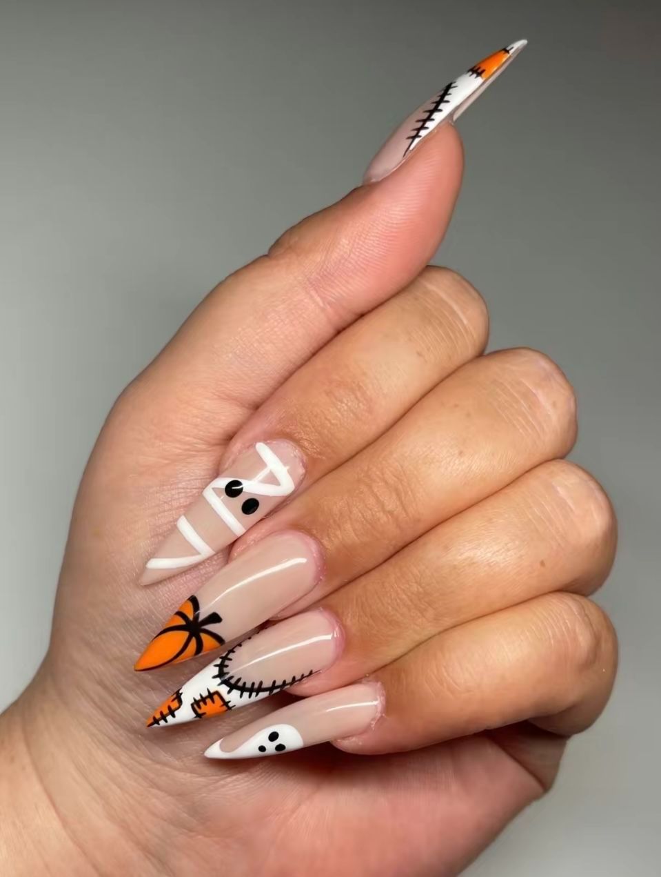 Halloween Nails Long Stiletto Mummy Pumpkin Stitched