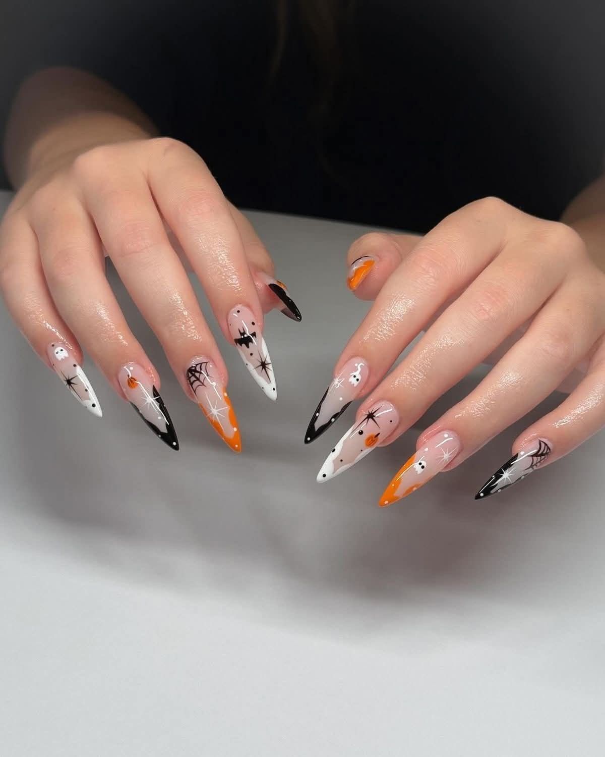 Halloween Nails Long Stiletto Orange Black French Tips