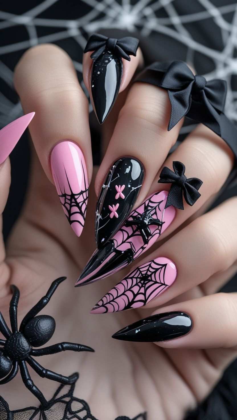 Halloween Nails Long Stiletto Pink Black Spiderweb Bows