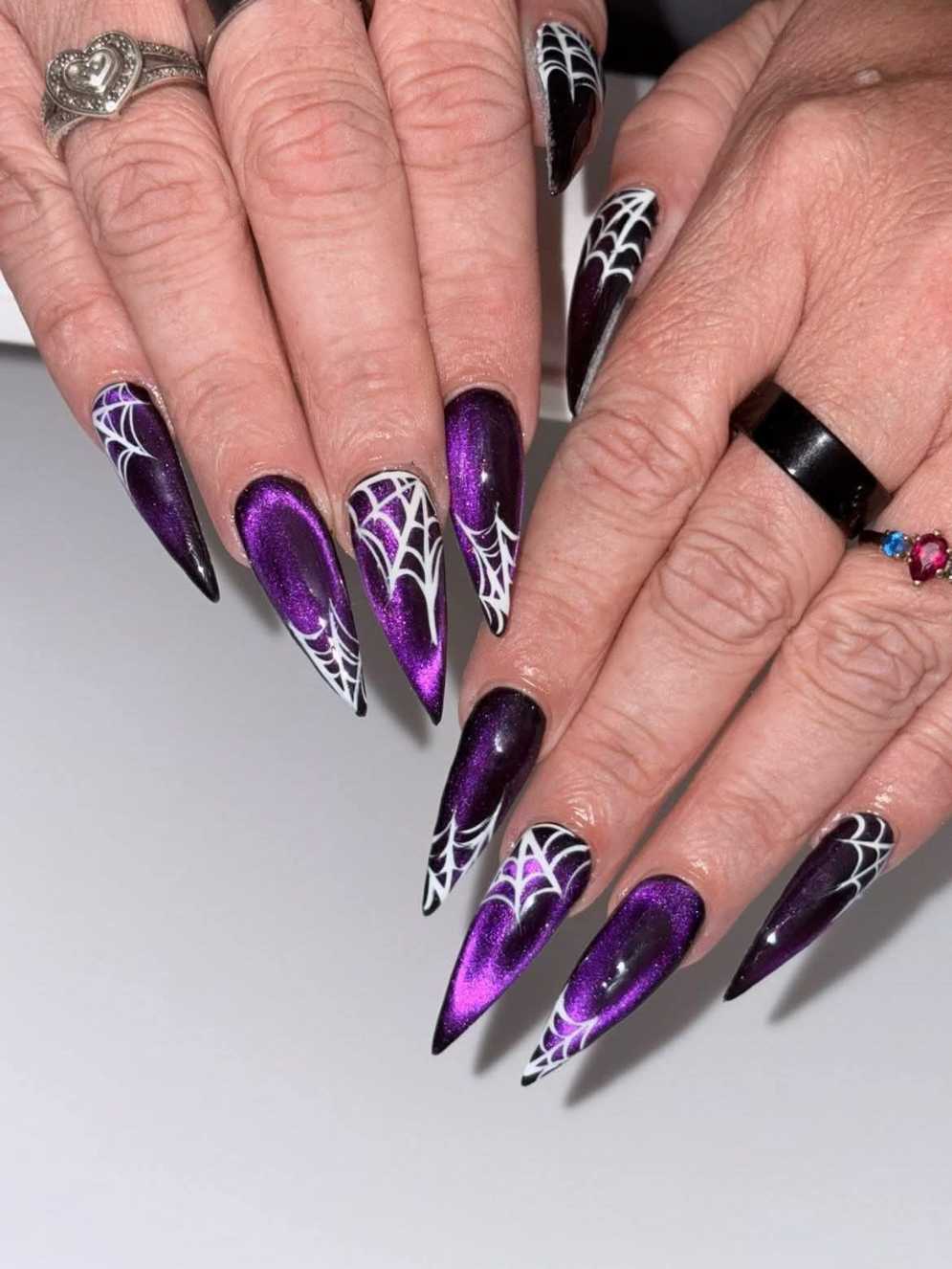 Halloween Nails Long Stiletto Purple Cat Eye Spiderweb