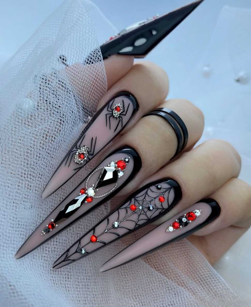 Halloween Nails Long Stiletto Red Gem Spider