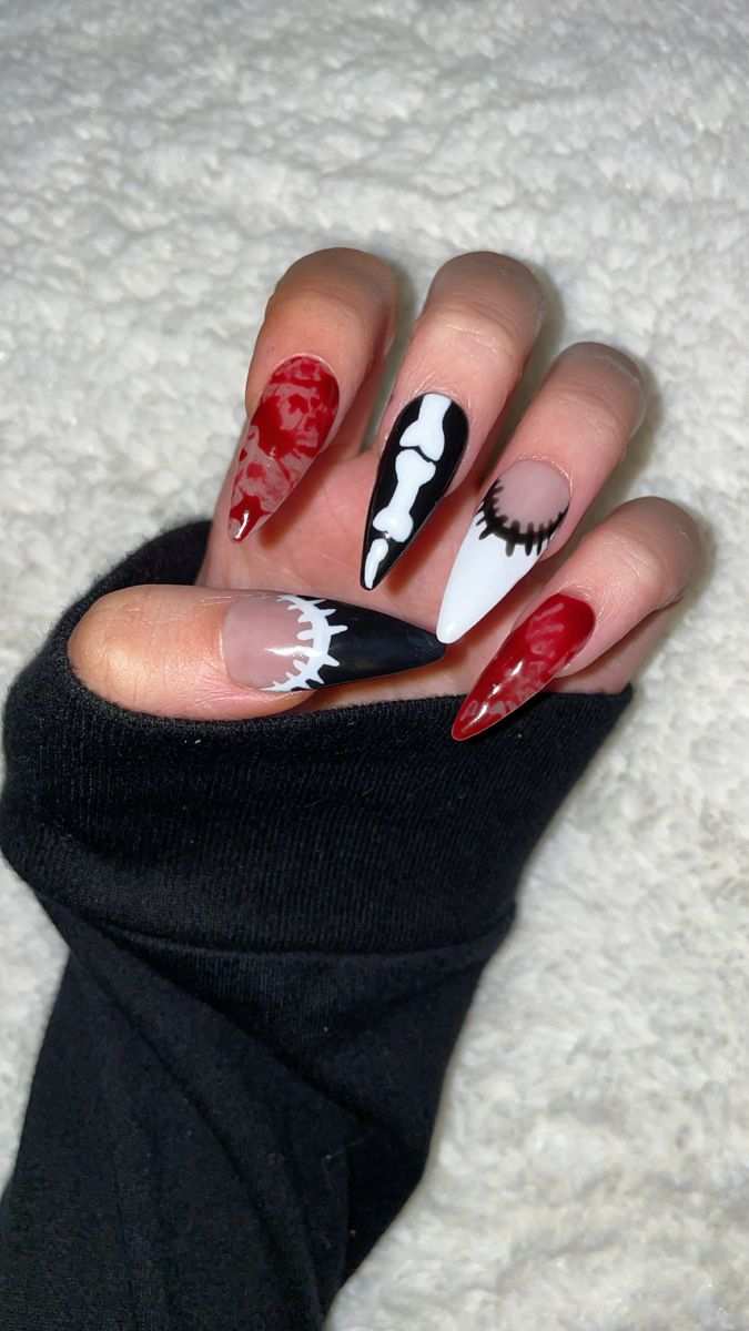 Halloween Nails Long Stiletto Skeleton Bone Blood
