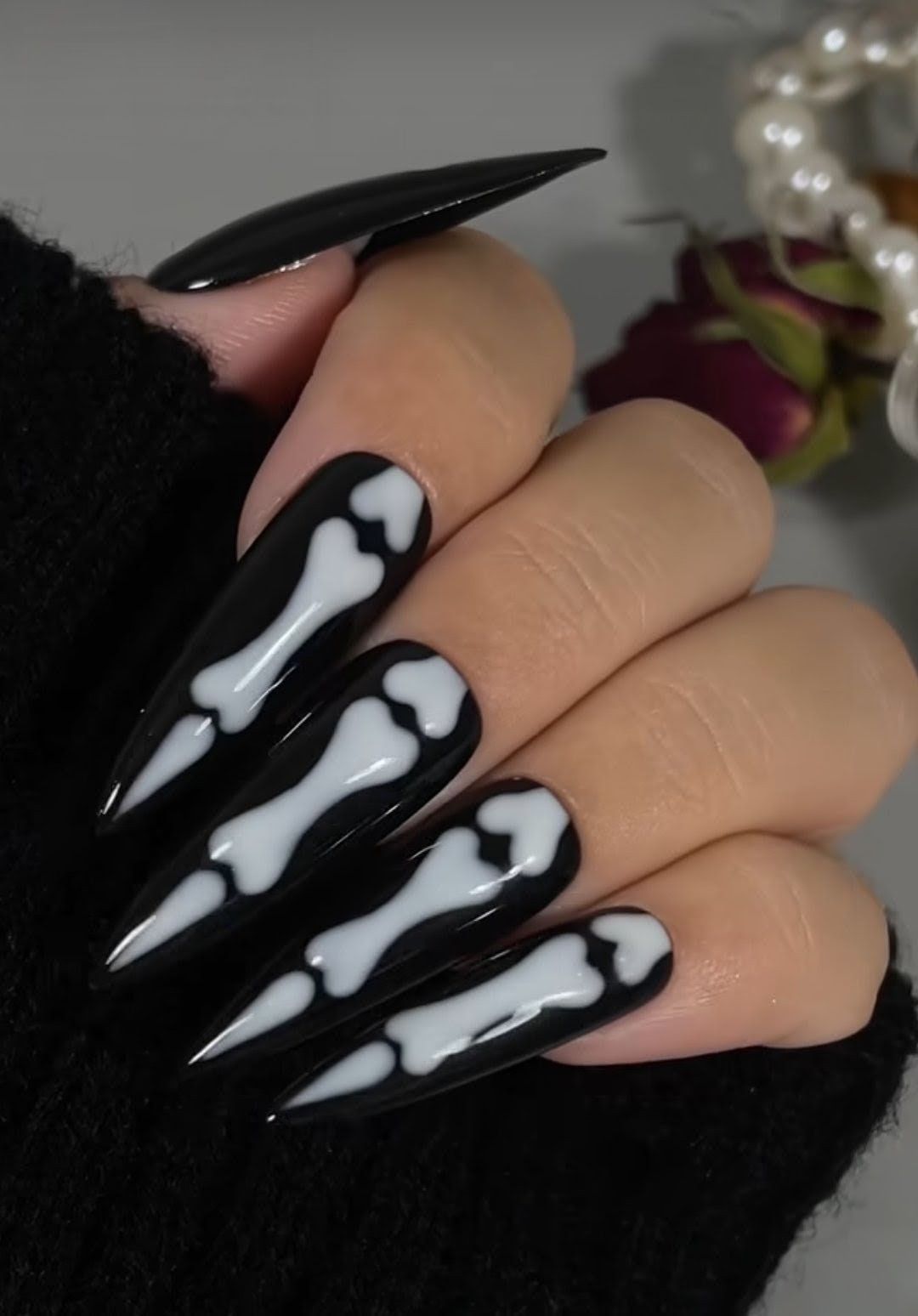 Halloween Nails Long Stiletto Skeleton Bones Black