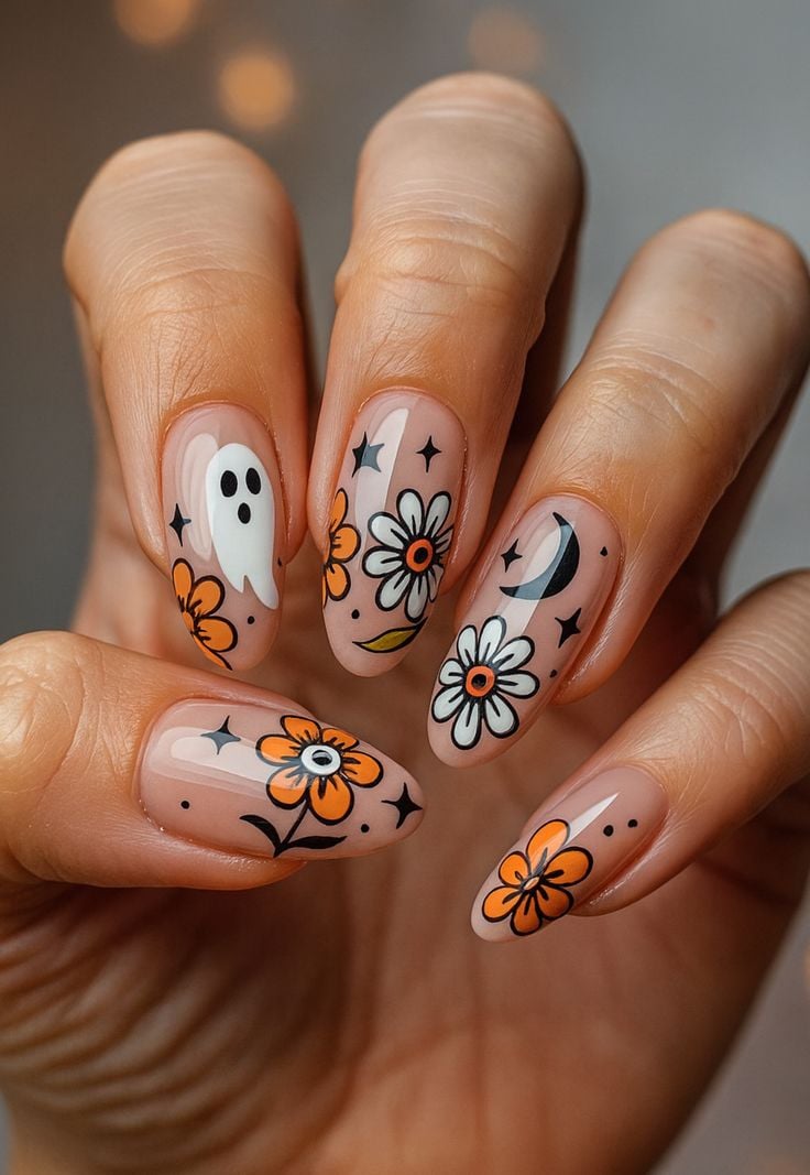 Almond shaped dark burgundy and black matte nails with moody floral art for Halloween.