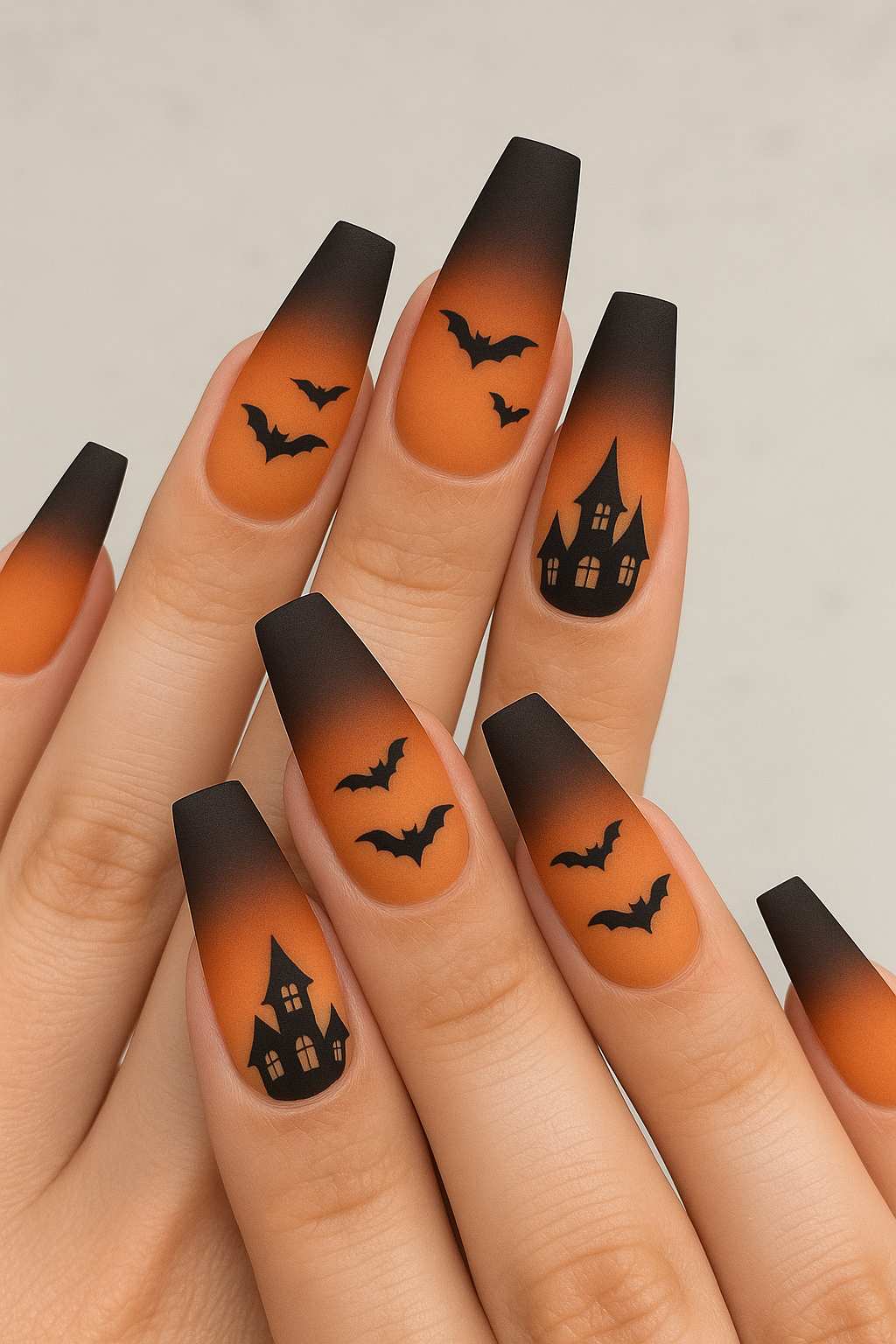 Haunted House Matte Ombre Bats Coffin Nails