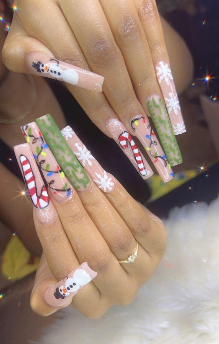 Holiday Lights Snowman Long Christmas Nails
