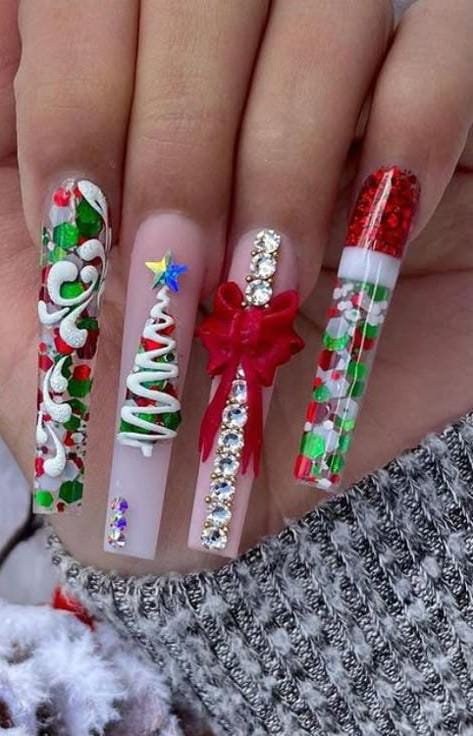 Holiday Sparkle Tree Long Christmas Nails