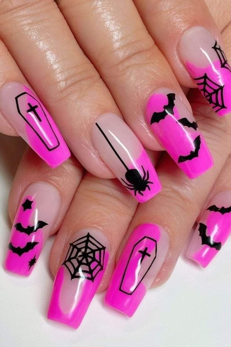 Hot Pink Spiderweb Bats Halloween Coffin Nails
