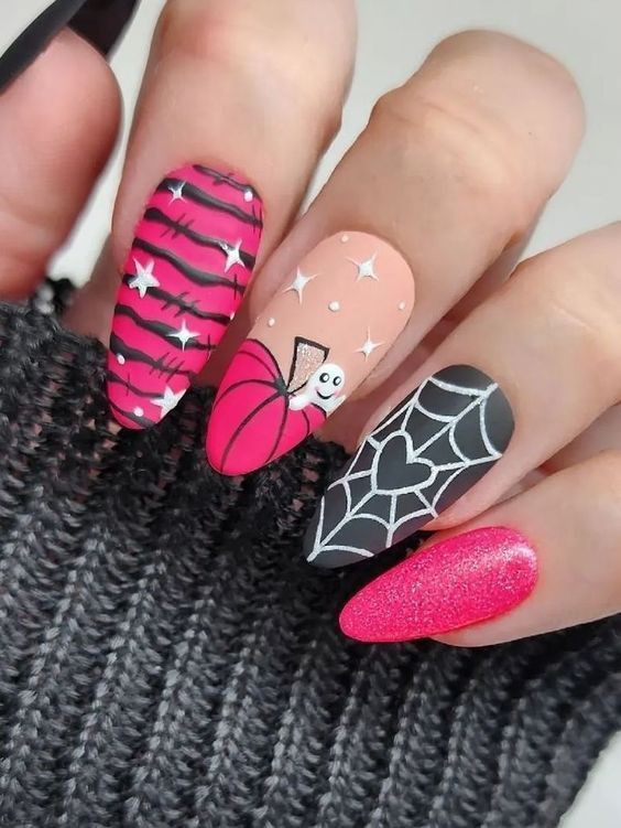 Hot Pink And Black Heart Spiderweb Ghost Pumpkin Halloween Nails