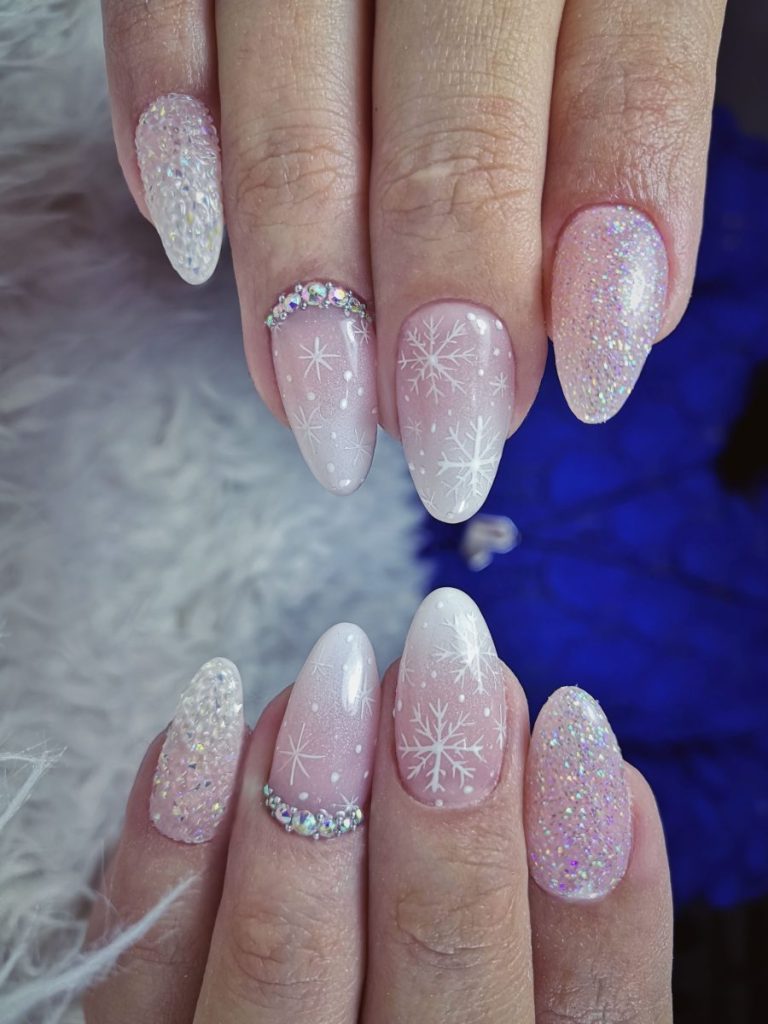 Icy Pink Snowflake Nails