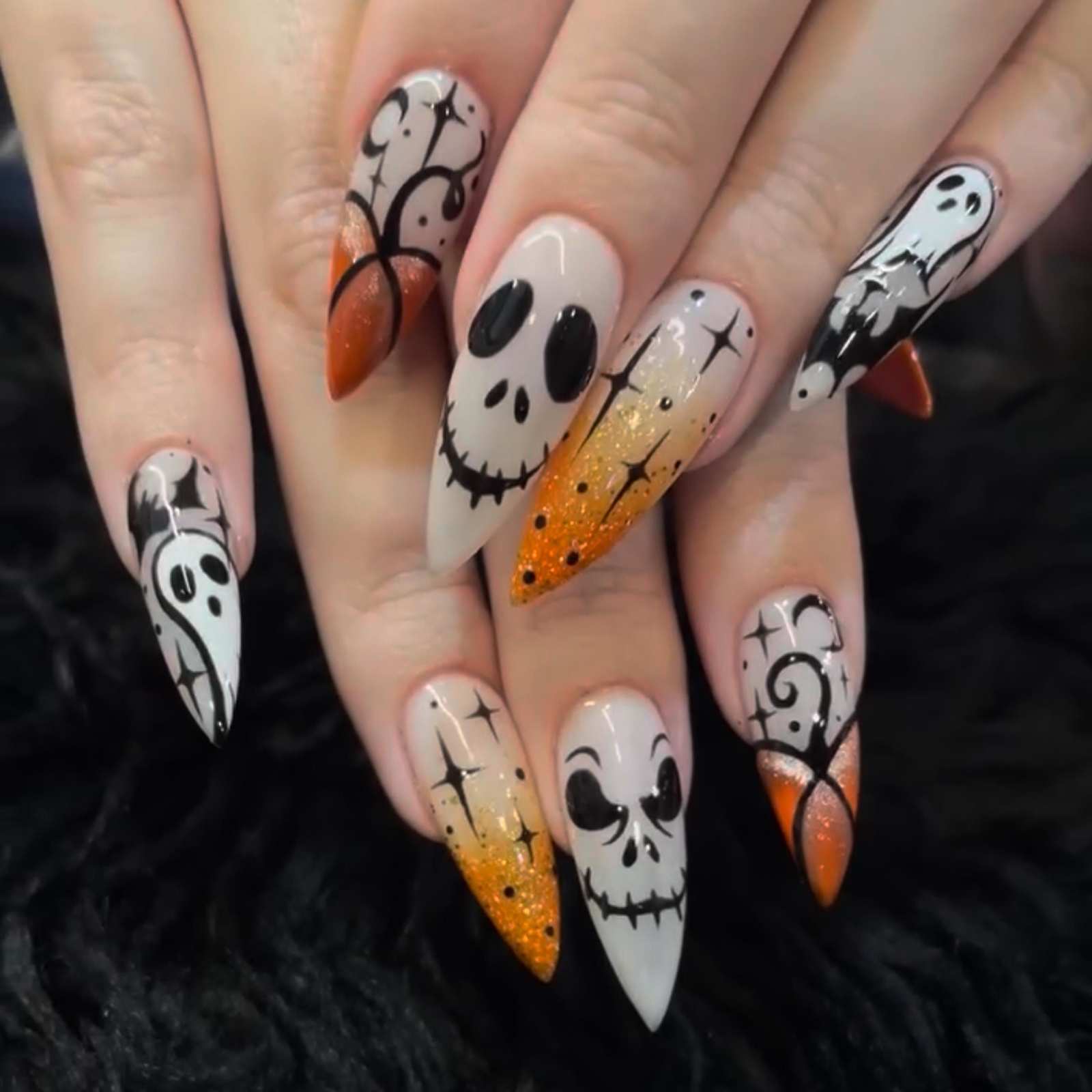 Jack Skellington Orange Glitter Ombre Stiletto Halloween Nails