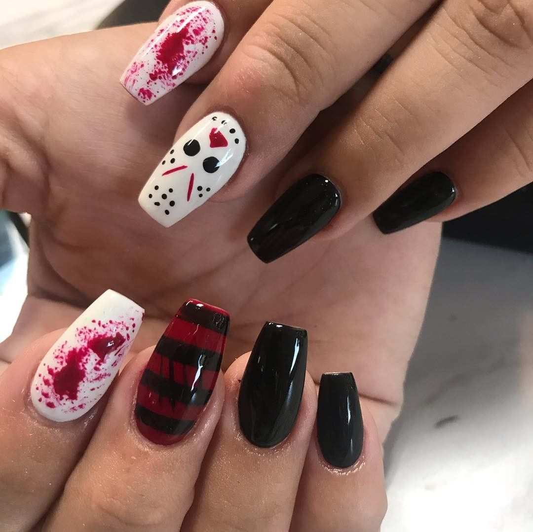 Jason Mask And Bloody Splatter Horror Halloween Nails