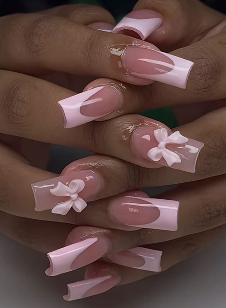 Jelly Pink French Tips Bow Nails