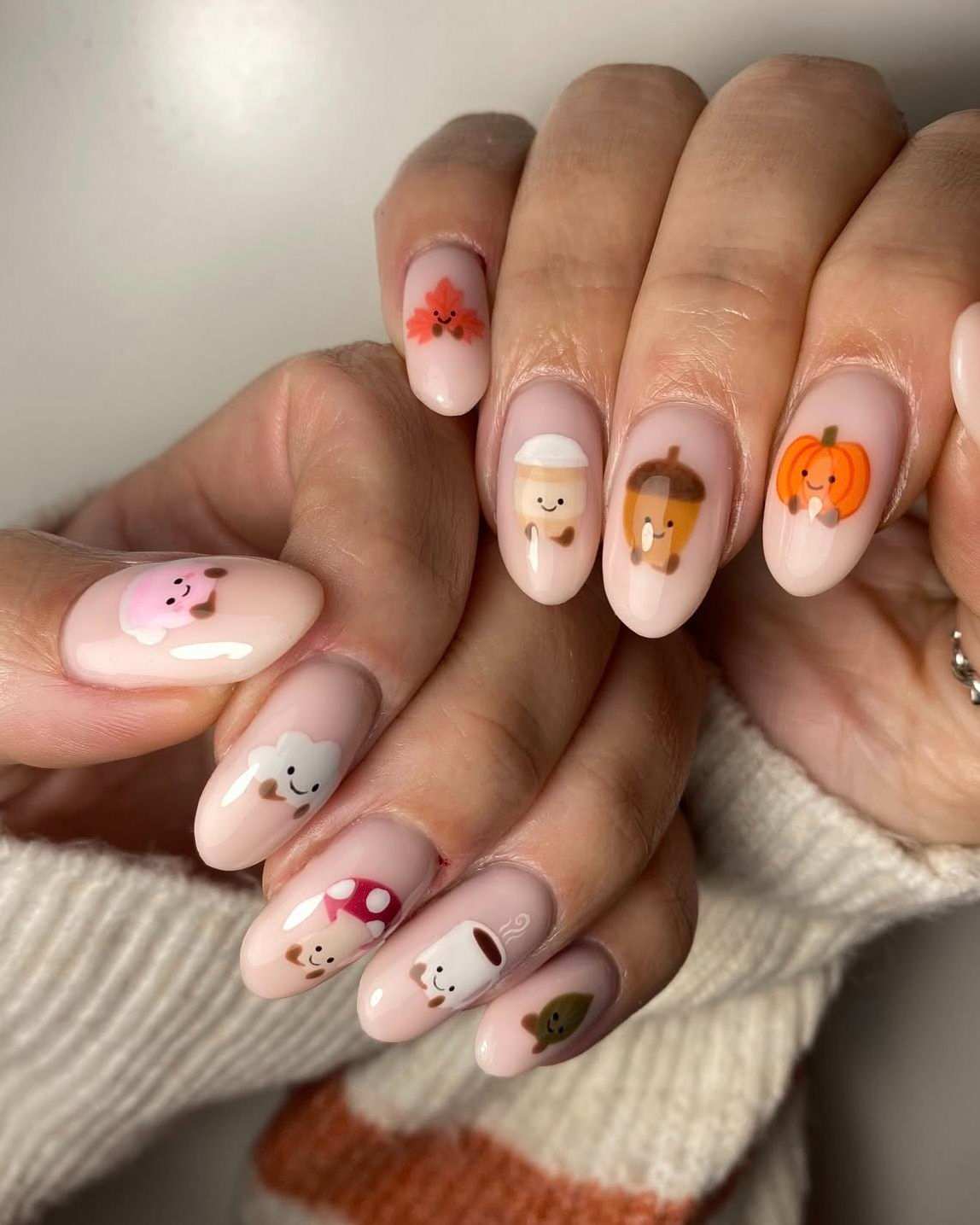 Kawaii Autumn Characters Pumpkin Acorn And Coffee Cute Nails