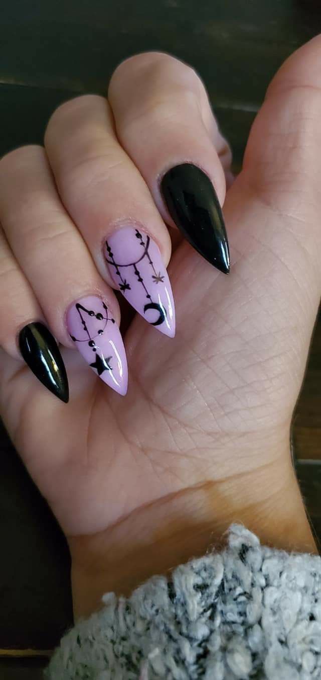 Lavender And Black Dangling Celestial Witchy Halloween Nails