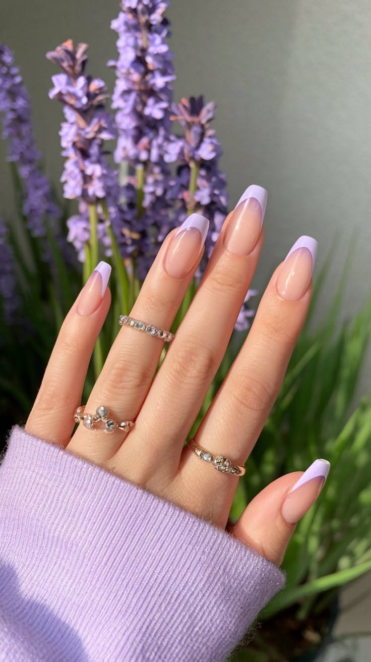 Lavender Purple French Tip Coffin Nails
