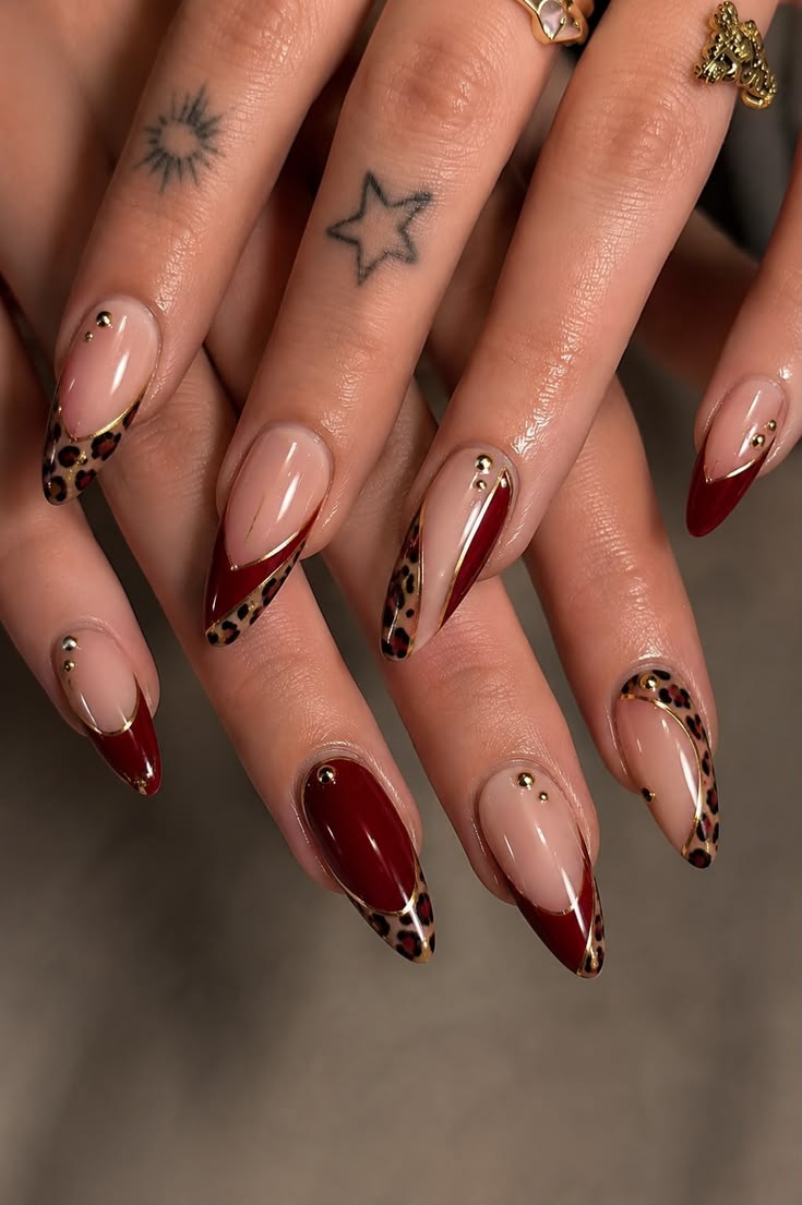 Leopard Red Nail Design With Gold Details
