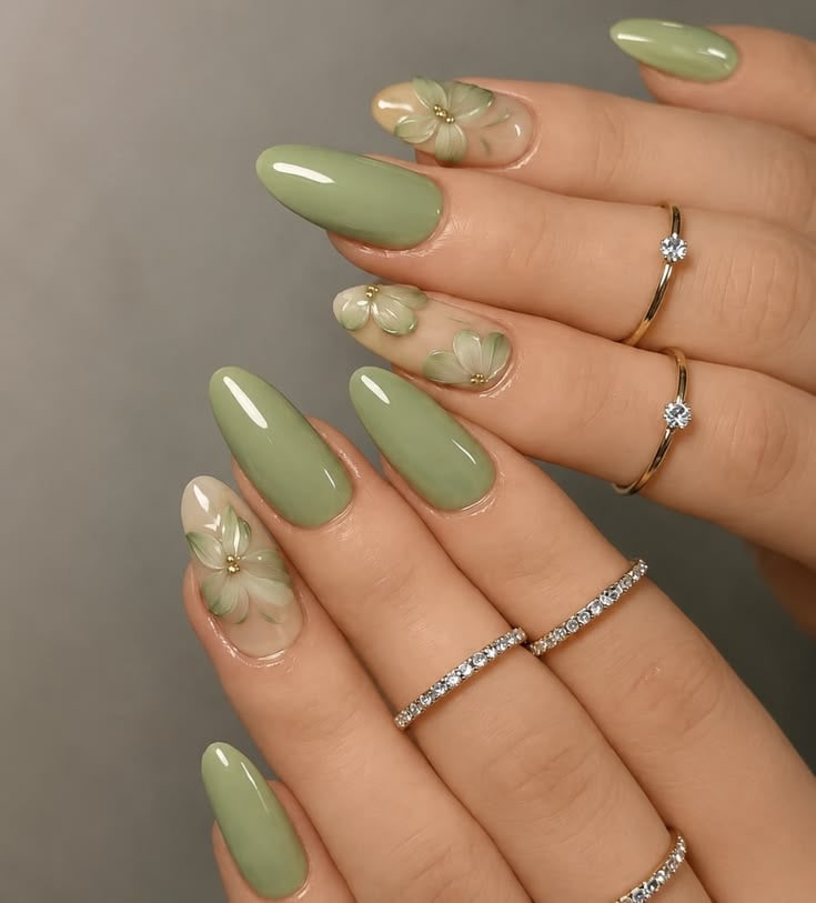 Light Pista Green Floral Nails