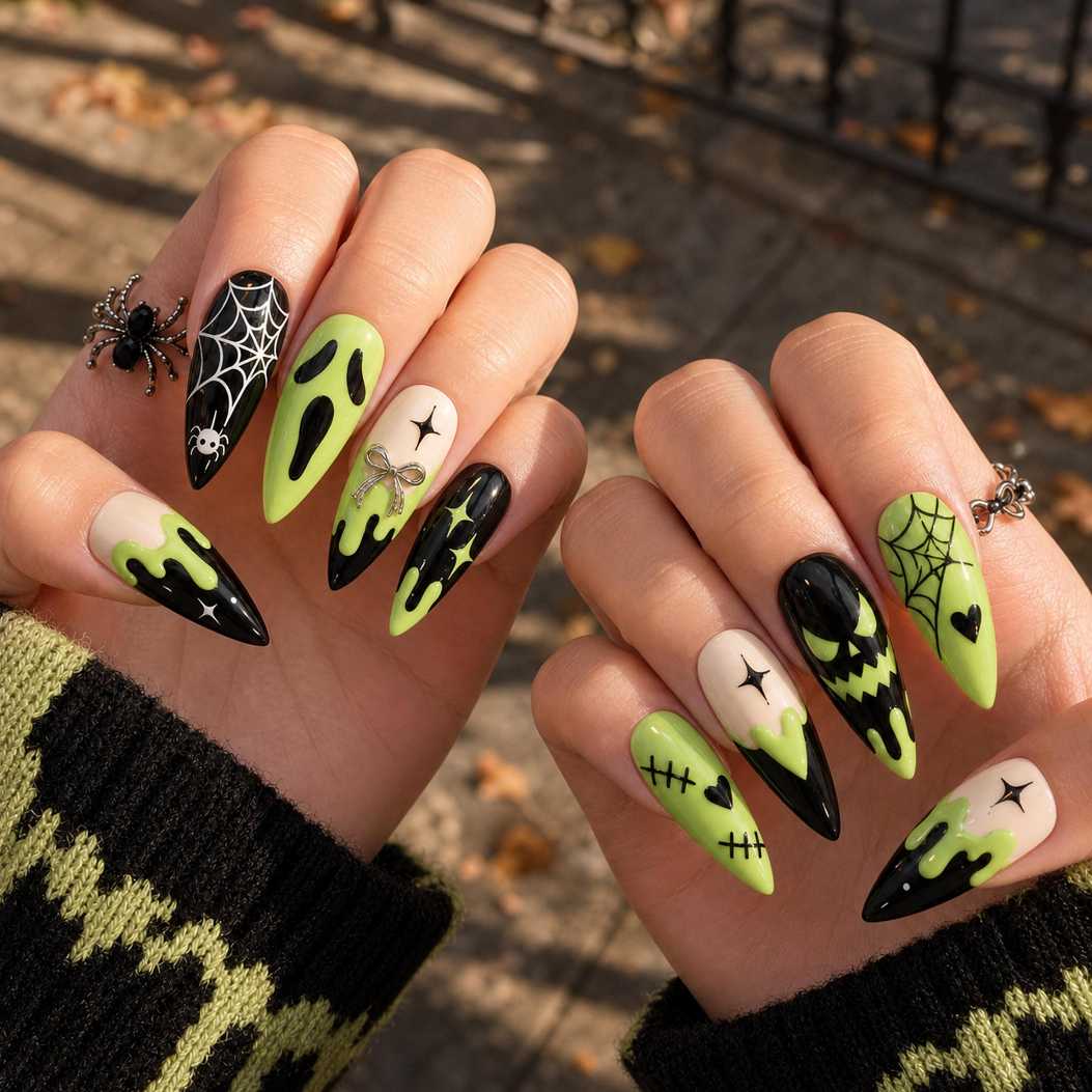 Lime Green Slime Drip And Ghostface Halloween Nails