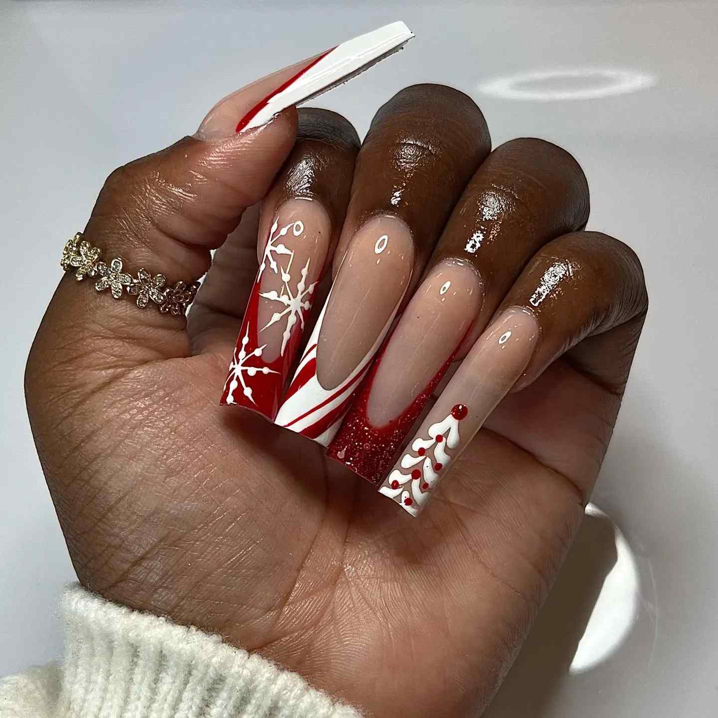 Long Red White Candy Christmas Nails