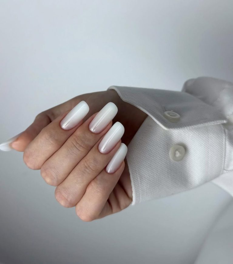 Long square shaped soft milk ombre nails for birthday celebrations.