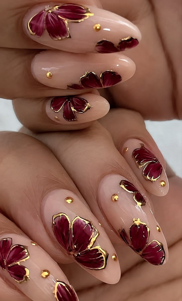 Luxury Burgundy Floral Nails