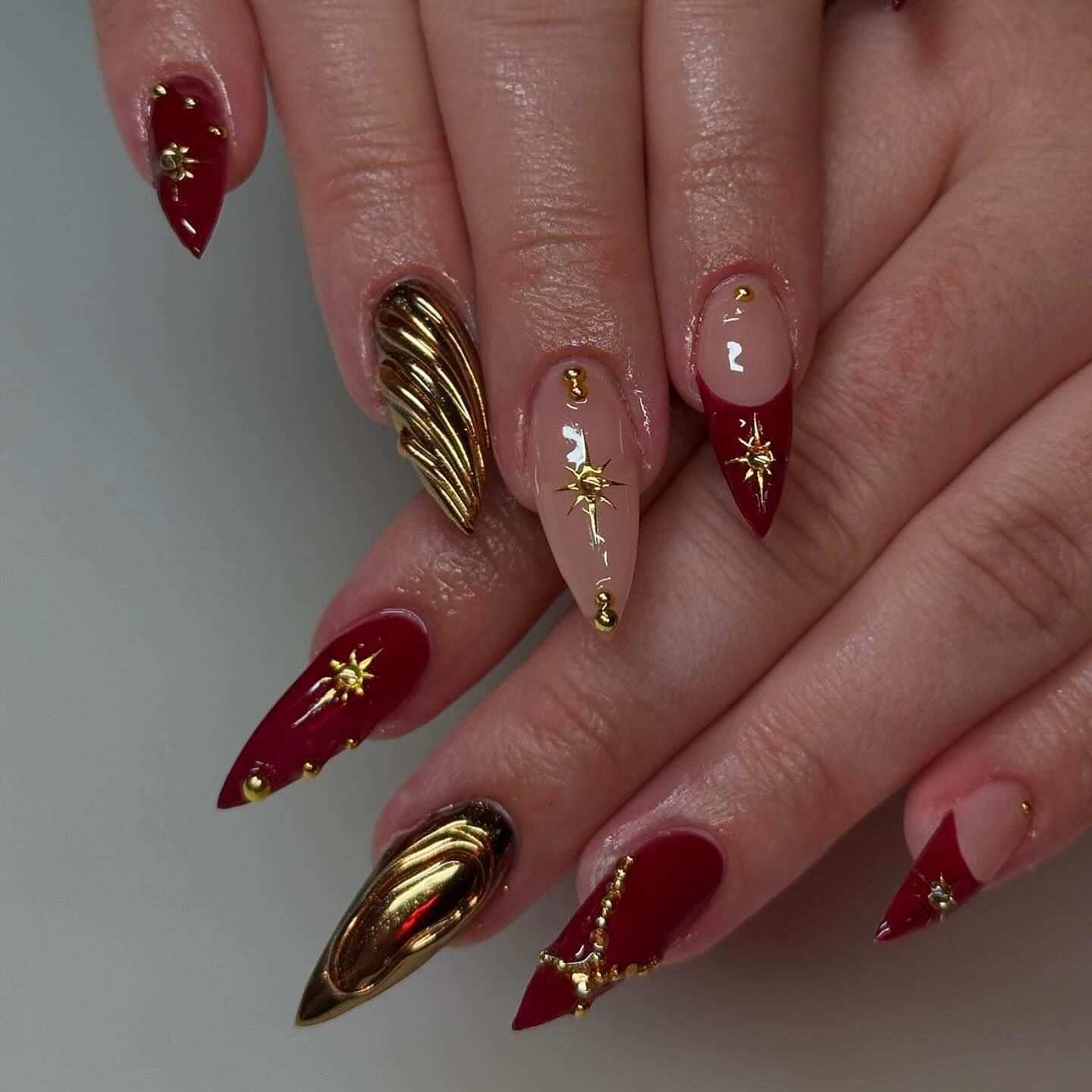Luxury Dark Red Stiletto Nails With 3D Gold Chrome And Stars