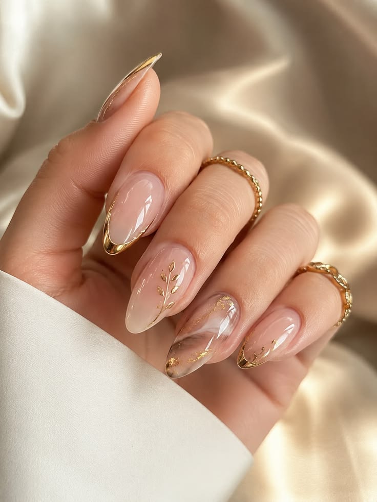 Luxury Nude & Gold Marble Nails