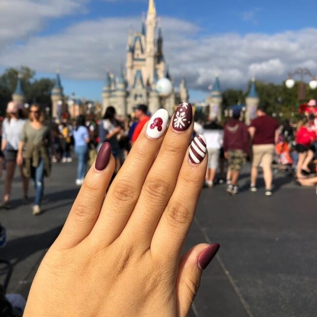 Maroon Snowflake Mickey Castle Disney Nails