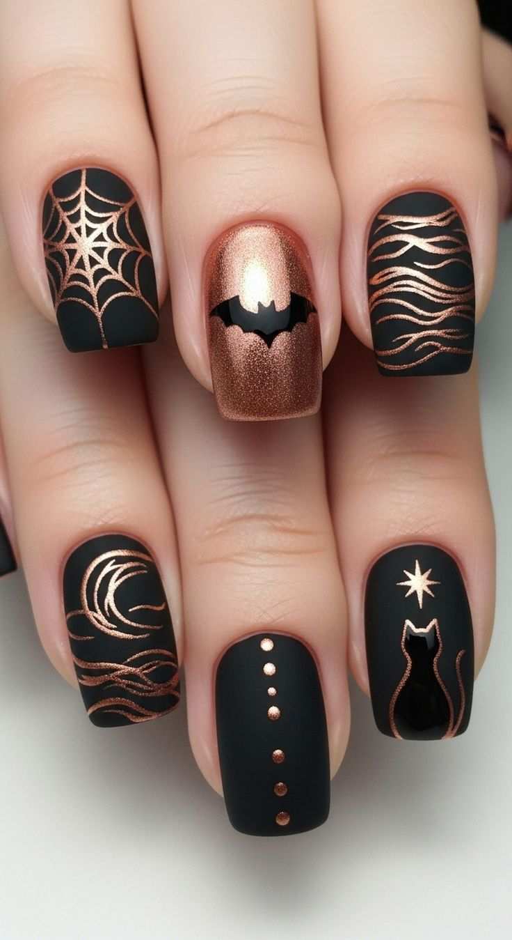 Matte Black And Metallic Copper Witchy Halloween Nails
