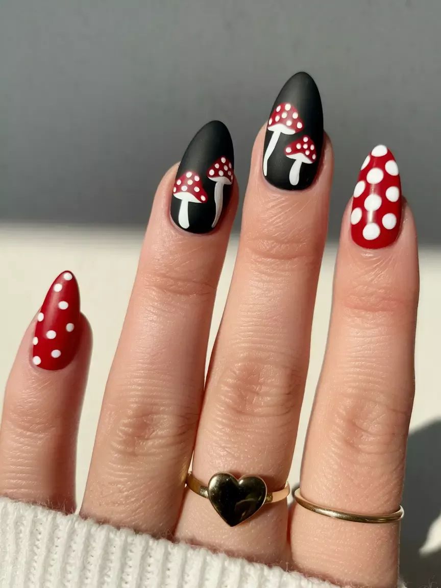 Matte Black And Red Mushroom Cottagecore Almond Nails