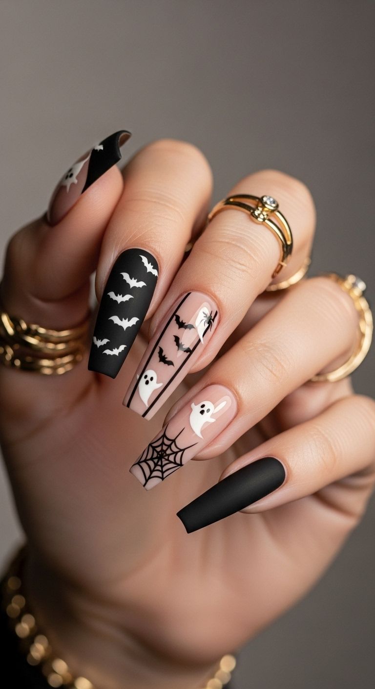 Matte Black Bats Ghosts Spiderweb Coffin Nails