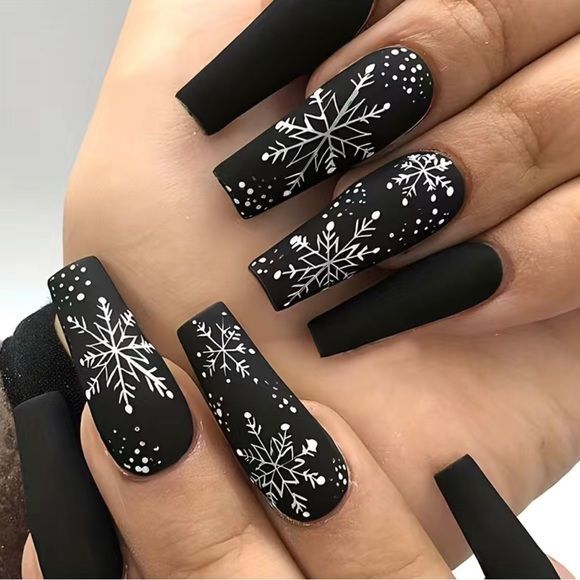 Matte Black Coffin Nails With White Snowflake Art