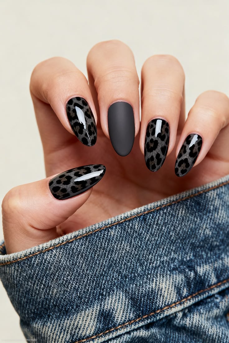 Matte Black Leopard Nails