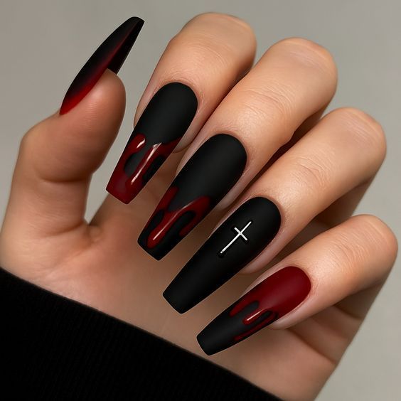 Matte Black Red Blood Drips Coffin Nails
