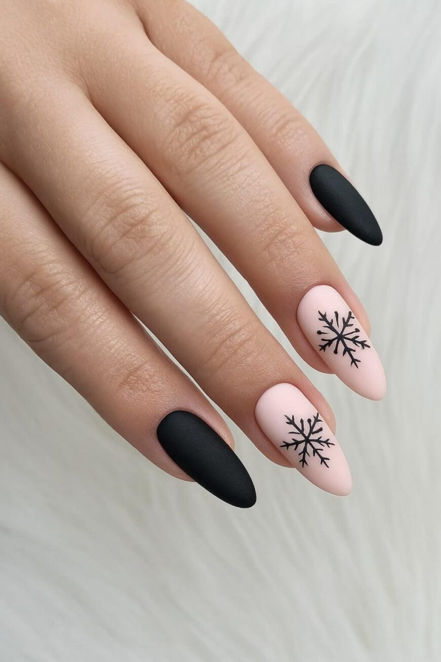 Matte Black Snowflake Winter Nails