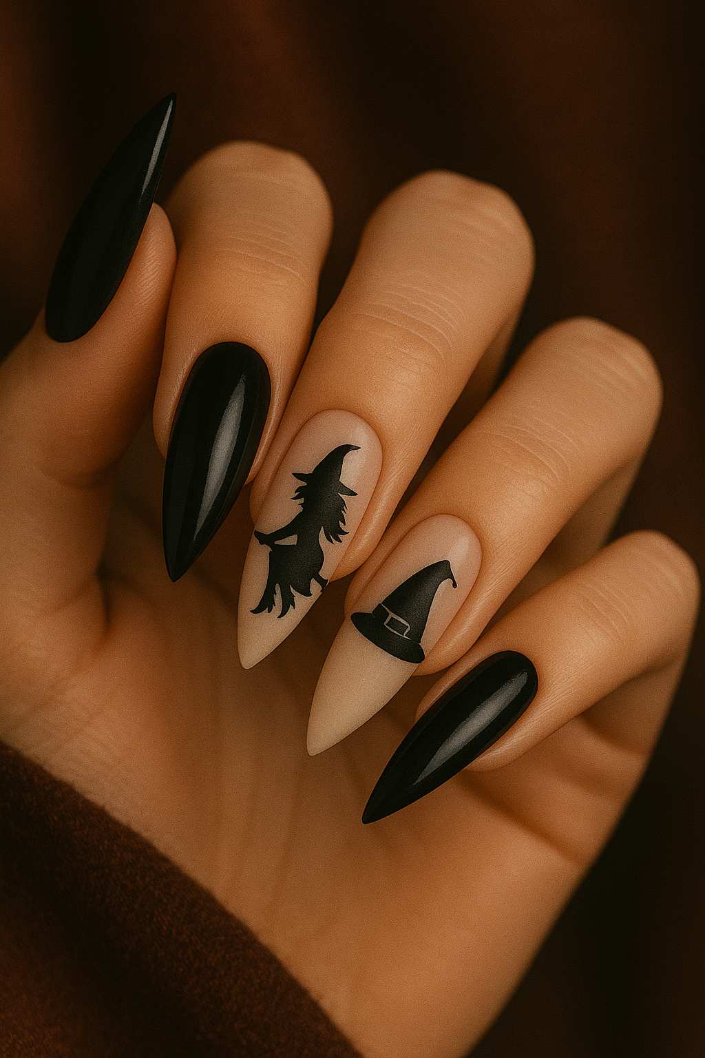 Matte Black Witch Silhouette And Hat Witchy Halloween Nails