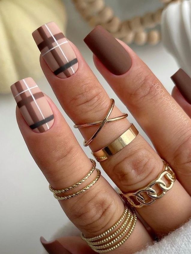 Matte Brown Burberry Plaid Square Fall Nails